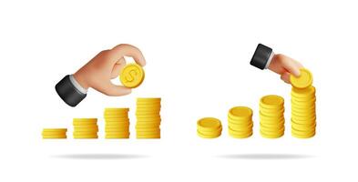 Hands adding gold coin to rising stack. Money saving and investment growth concept. Financial success and payment illustration. vector