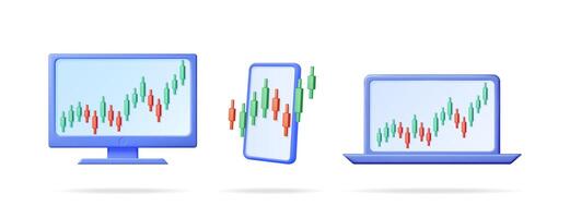 Stock market chart displayed on laptop, smartphone, and computer monitor in a 3D cartoon style. Financial data analysis of currency exchange. vector