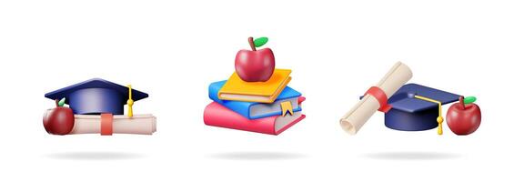 3d illustration set with graduation cap, certificate, stack of books, and apple for education concept. Isolated on white background with shadow. vector