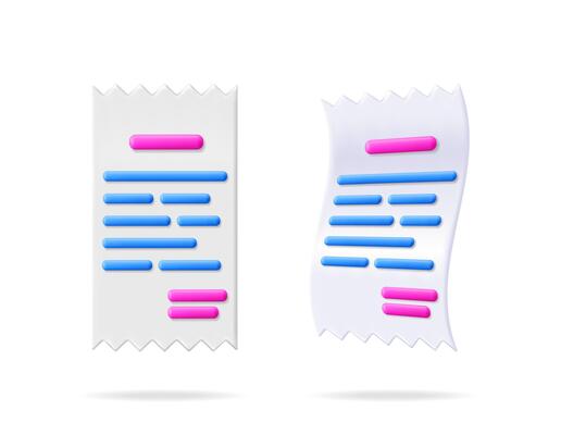 Two 3d realistic paper receipts with abstract text lines in blue and pink on white background for financial transaction.