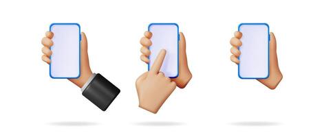 3d hands holding a smartphone, one touching the blank screen. Mobile technology design elements for application display. vector