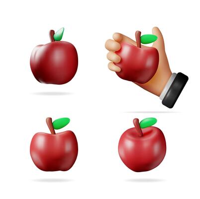 3d illustration set of red apple. Fresh and ripe fruit element. Healthy food, nutrition, and natural farming concept.