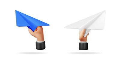 Hands holding blue and white paper airplanes for communication concept. Sending message or email symbol for digital marketing. vector