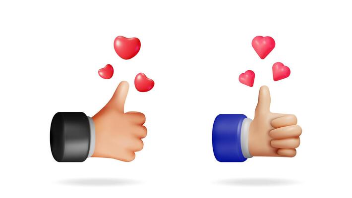 Two 3D illustration hand gestures, one in a black sleeve, one in a blue sleeve, showing a thumbs up with floating red hearts, symbolizing social media like or love.