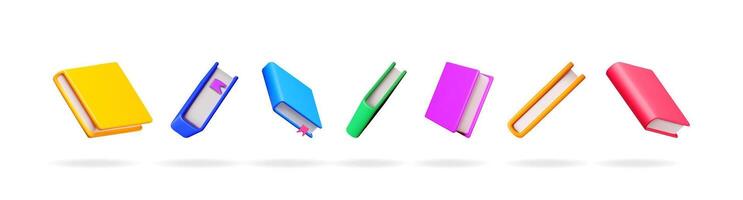 Colorful 3d books floating. Stack of education book set. School reading content, library, dictionary, textbook concept. vector