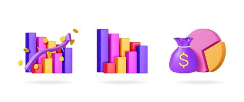 Financial chart set showing money bag, rising bar graph, and pie chart. Investment growth concept for business data visualization. vector