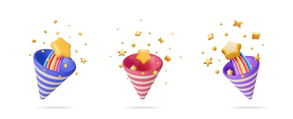 Different colorful 3D party poppers with stars and confetti. Festive celebration elements for birthday, event, or holiday.