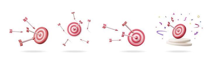 3d set collection with success and failure target concept. Arrow hitting and missing the bullseye illustration for business achievement. vector