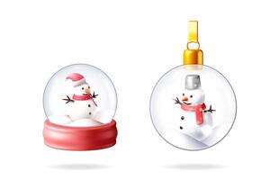 Christmas snow globe with snowman and shiny bauble. New year 3d illustration icon set. Holiday winter season web design element. vector