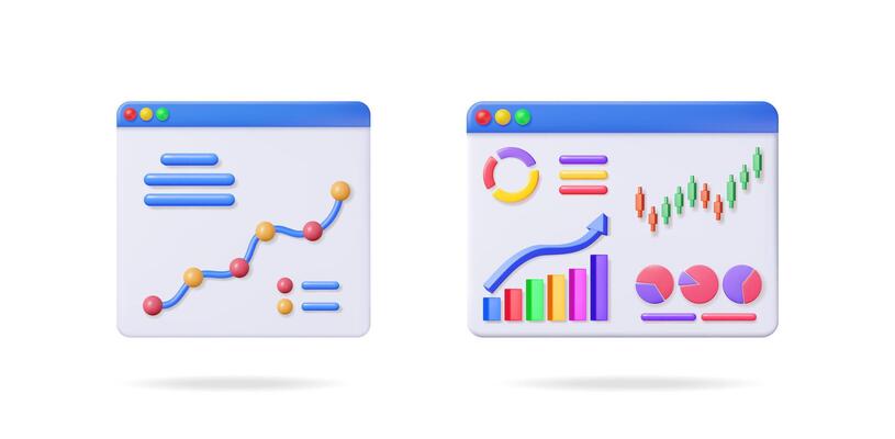 Two browser windows with business data visualization. Financial charts, growth graph, and stock market analysis. 3D set concept for investment design.