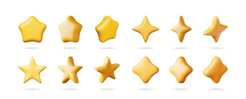 A set of 3d golden star shapes varying in form. design for rating, review, magic, game, and decoration concepts. vector