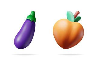 3d illustration of an eggplant and a peach. Fresh and vibrant fruit and vegetable concept. Healthy food icon for diet and nutrition design element. vector