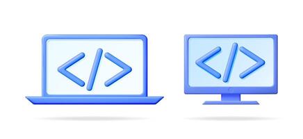 3d set collection of coding symbols on computer screen and laptop. Programming development concept for software product and website. vector