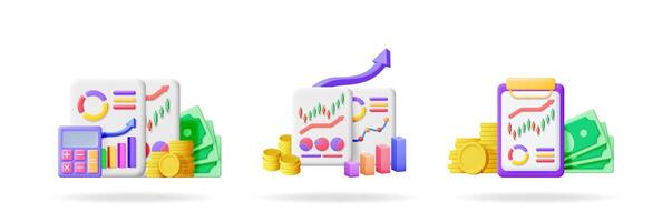 3d set collection of finance and investment analysis documents with charts, graphs, calculator, money, and coins for business success. vector