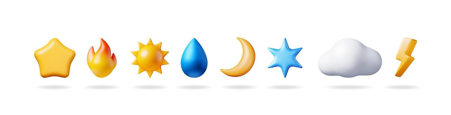 Cute star, flame, sun, water drop, crescent, blue star, cloud, and lightning bolt 3d collection for weather forecast and cosmic themes.
