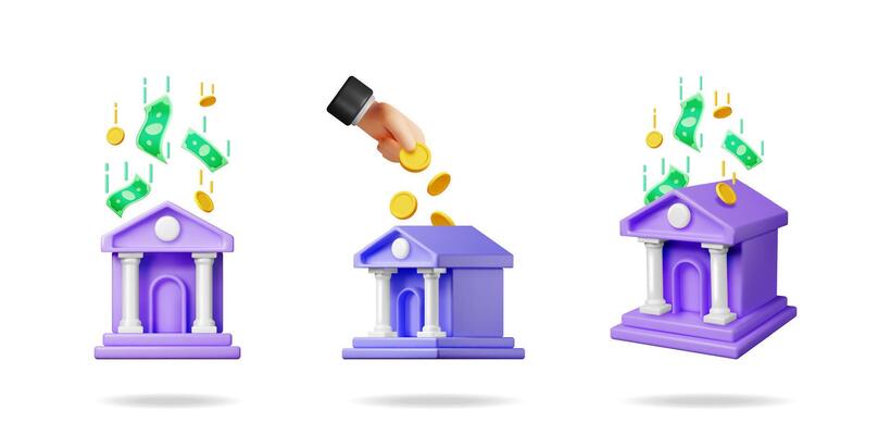 Stock market investment with a hand placing coins into a bank building. Financial digital data transaction concept for online banking.