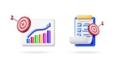 3d set collection with a bar chart, up arrow, and target with an arrow, and a checklist with a target and arrow, for business growth and task management concept. vector