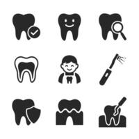 Set of solid dental care icons including tooth, protection, tools, and dentist. vector
