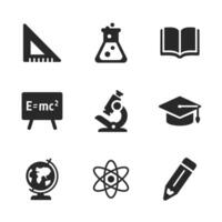 Set of education solid icons including book, pencil, globe, atom, and lab tools. vector