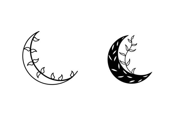 Crescent moon with floral design line art illustration