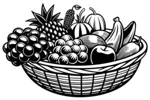 Fruit basket with pineapple, bananas, grapes, and apples isolated on white vector