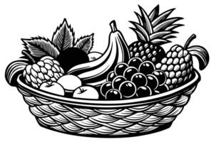 A basket with pineapple, bananas, grapes, and apples isolated on white vector