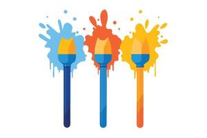 Three paintbrushes with colorful paint splatters on a white background art vector