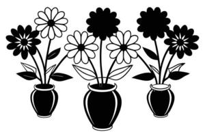 Three vases with flowers isolated on white background in black and white vector