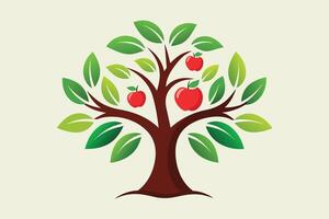 An illustration of a tree with green leaves and red apples on a light background vector