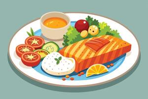 Grilled salmon with lemon and salad on a plate illustration vector