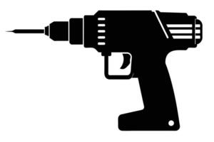 A black silhouette of a power drill tool with a white background and icon on top vector