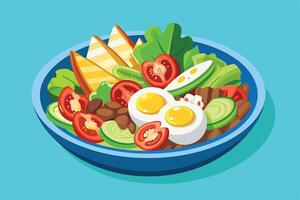 Fresh salad with eggs, tomatoes, cucumbers, and lettuce in a blue bowl vector