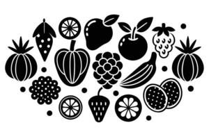 A various fruits and vegetables isolated on white background in black outline vector