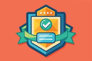 A graphic illustration of a badge with a checkmark on an orange background art vector