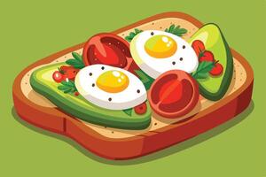 Toast with avocado eggs and tomatoes on green background art vector
