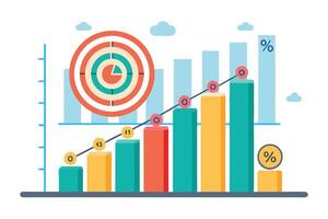 A bar graph with a target and a rising line illustration vector