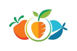 A graphic design of a green apple, orange carrot, and red tomato on white background vector