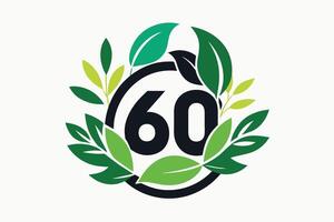 Black number sixty inside circle with green leaves around it vector