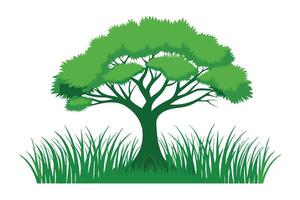 Cartoon illustration of a tree on a grassy hill with a white background frame vector
