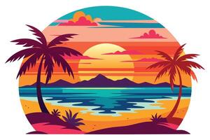 Vibrant beach scene with palm trees sunset and ocean in a circular frame art vector