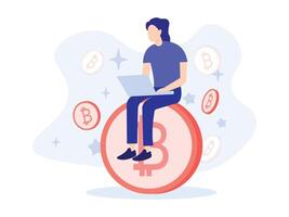 Bitcoin concept illustration of young people using laptop and smartphone for online funding and making investments for bitcoin and blockchain vector