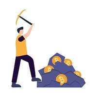Isometric miner is digging on golden bitcoin. Devices and technology for mining cryptocurrency. Machines for mining cryptocurrency vector