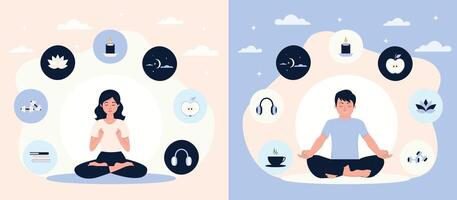 A guy and a girl are sitting cross-legged, doing meditation. A person does yoga, sits in the lotus position vector