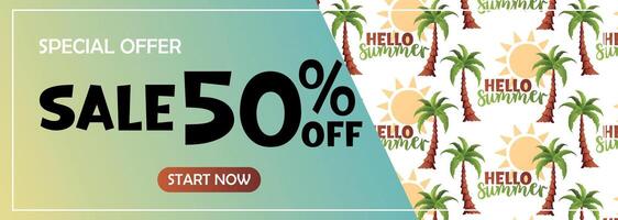 Hello Summer banner with palm trees and sun vector