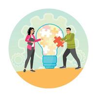 People Assemble Light Bulb Puzzle Pieces as a Symbol of Problem Solving. vector