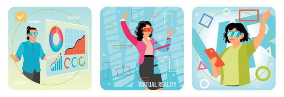 Virtual Reality Interface Displaying Data Analysis. Woman Wearing VR Headset. VR Experience. vector