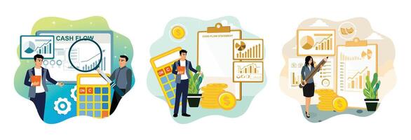 Entrepreneurs create financial reports, check cash flow statements, analyze financial data. vector