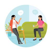 Two Women Spend Time Together Sitting on a Comfortable Sofa While Having a Friendly Conversation. vector