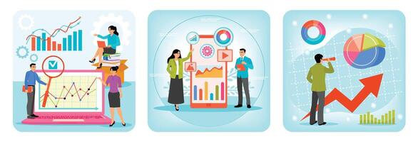 Analyzing Data on Laptop. Analyzing Data on a Mobile Interface. Professional Observing Trends. vector