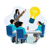 Managers brainstorm with creative team on brand promotion. vector